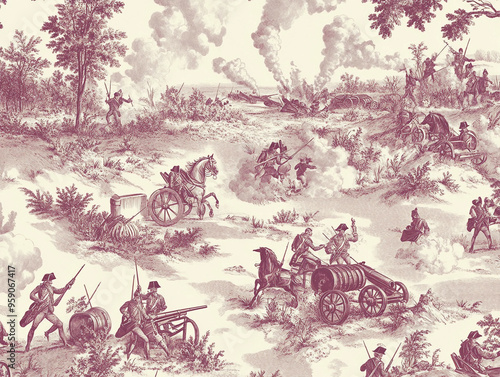 Historical battle scene: A Toile pattern depicting a Revolutionary War battlefield, with soldiers in uniform, horses in motion, and cannons firing