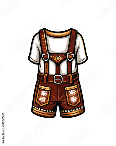 Editable vector illustration of a lederhosen outfit with a white t-shirt, brown shorts, suspenders, and belt. photo