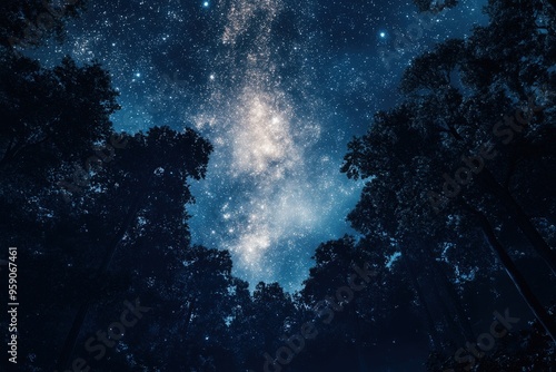 Silhouetted trees against a starry night sky.