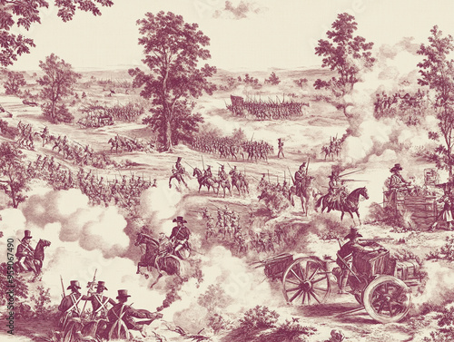 Historical battle scene: A Toile pattern depicting a Revolutionary War battlefield, with soldiers in uniform, horses in motion, and cannons firing