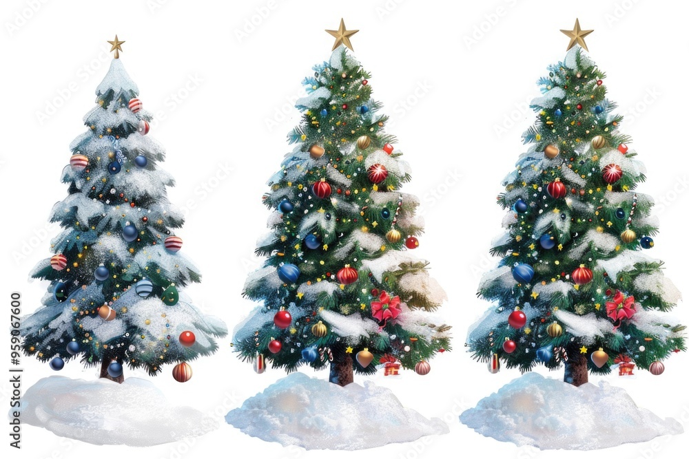 Three Christmas trees covered in snow, perfect for winter scenes and holiday decorations Three Christmas trees covered in snow, perfect for winter scenes and holiday decorations