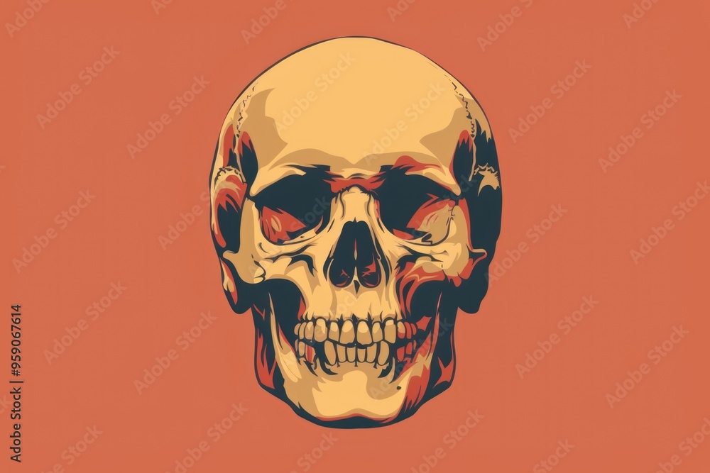 A skeleton with red eyes against a fiery backdrop A skeleton with red eyes against a fiery backdrop