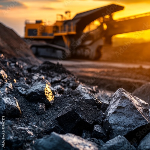 Close-up of coal rocks in a mining site with a large excavator in the background under a golden sunset. photo