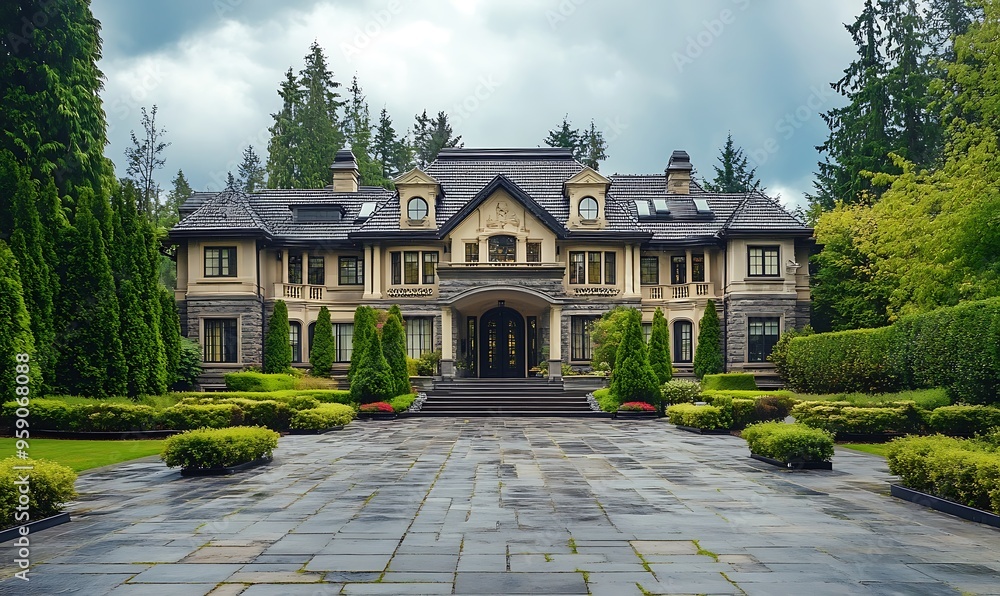 Fototapeta premium Grand Mansion with Stone Patio and Lush Greenery
