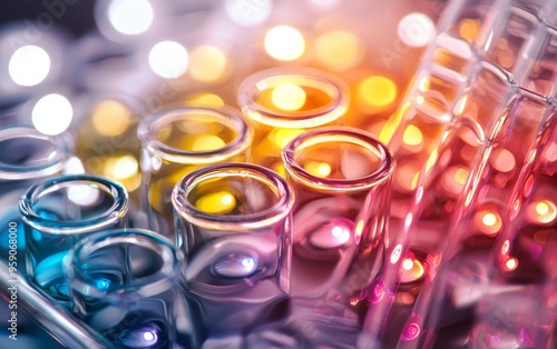 Close-up of colorful liquids in test tubes with blurred lights in the background.  A symbol of scientific research and discovery.