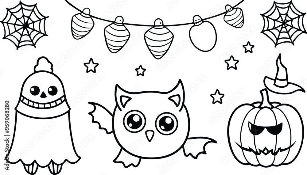 Fototapeta premium Cute Halloween holiday set - ghost, owl, pumpkin, star, candy, berry, branch, scary face, garland, witch hat, bat, moon, spider, web, jack o lantern isolated on white background. Vector illustration