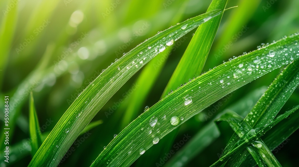 Close-up of dew drops on lush green grass blades, illuminated by sunlight. Close-up of dew drops on lush green grass blades, illuminated by sunlight.