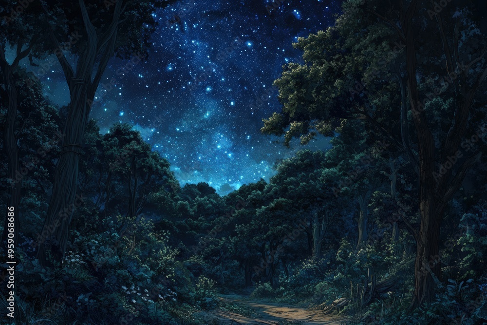 A starlit night over a forest path. A starlit night over a forest path.