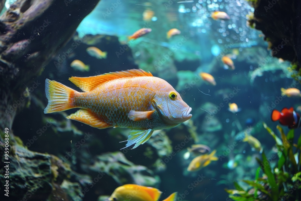 Colorful fish swimming in a large aquarium at the zoo, showcasing marine life diversity Colorful fish swimming in a large aquarium at the zoo, showcasing marine life diversity