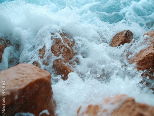 Close-up of foamy ocean waves crashing over rocks.