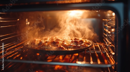 Close-up of food cooking in a hot oven with steam rising.