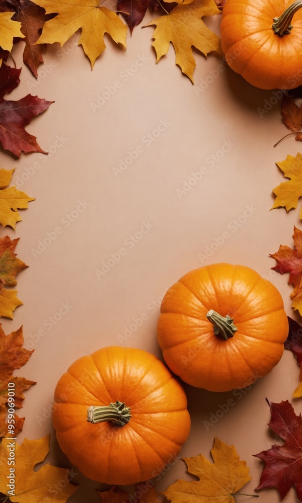 Vertical frame with thanksgiving still life made of pumpkins and dried fall leaves. Top view flat lay long composition with copy space at mocha mousse background. Harvest day or Halloween concept. Vertical frame with thanksgiving still life made of pumpkins and dried fall leaves. Top view flat lay long composition with copy space at mocha mousse background. Harvest day or Halloween concept.