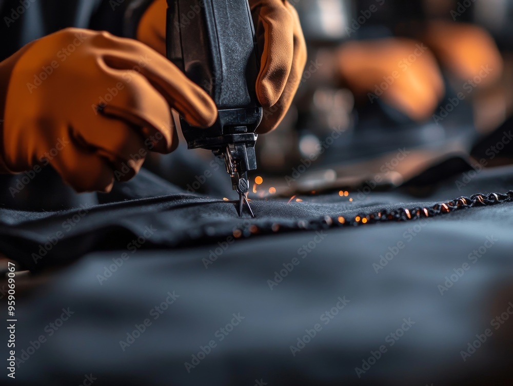 Close-up of gloved hands using a tool to fasten a piece of fabric in a factory. Close-up of gloved hands using a tool to fasten a piece of fabric in a factory.