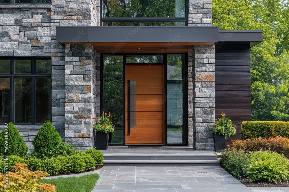 Modern House Entrance with Wooden Door and Stone Columns Modern House Entrance with Wooden Door and Stone Columns