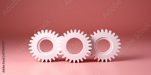 Three white gears on a Coral background, laid flat, copy space concept for business technology and development in the abstract vector with copy space 