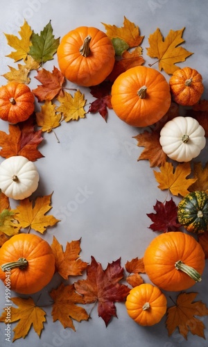 Vertical frame with thanksgiving still life made of pumpkins and dried fall leaves. Top view flat lay long composition with copy space at light grey background. Harvest day or Halloween concept.