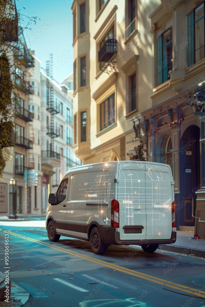 A white van drives down a city street lined with tall buildings, conveying urban mobility and daily life A white van drives down a city street lined with tall buildings, conveying urban mobility and daily life
