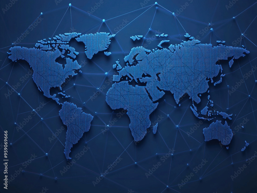 Blue abstract world map with network lines, representing global connectivity and digital geography. Blue abstract world map with network lines, representing global connectivity and digital geography.