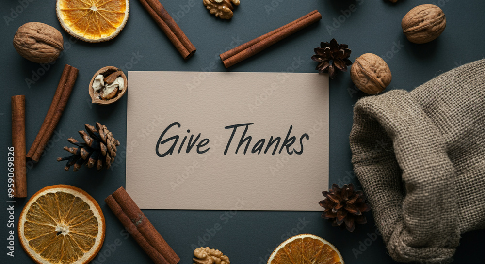 Thanksgiving card with warm decorations featuring cinnamon pine cones and orange slices Thanksgiving card with warm decorations featuring cinnamon pine cones and orange slices