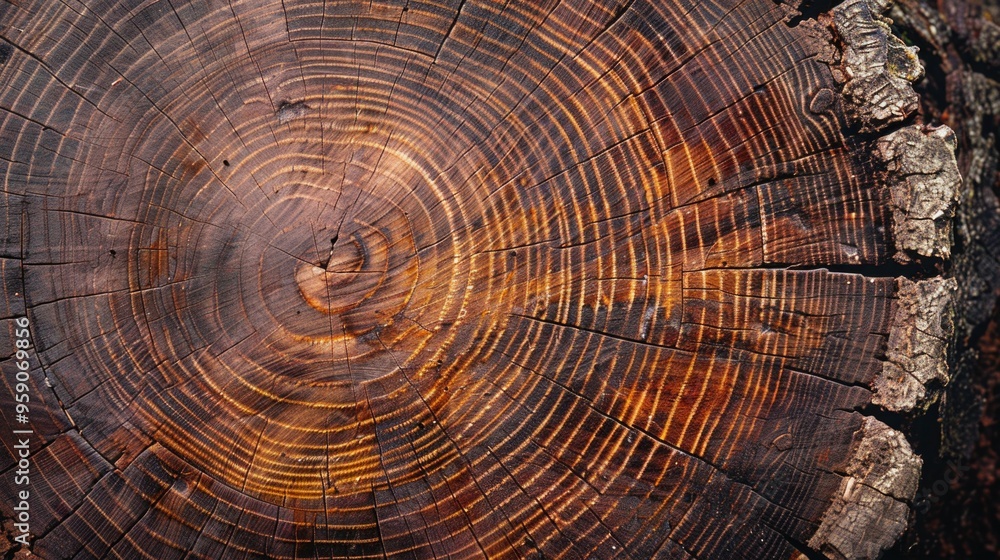 A detailed view of a tree trunk showing its growth rings A detailed view of a tree trunk showing its growth rings