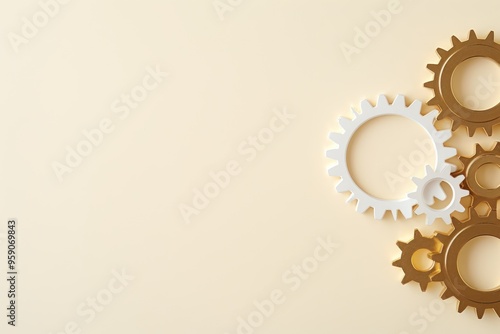 Three white gears on a Gold background, laid flat, copy space concept for business technology and development in the abstract vector with copy space 