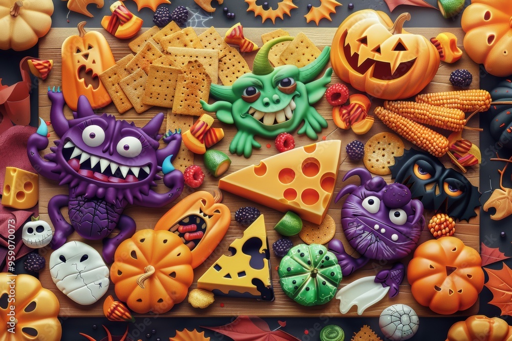 Obraz premium Colorful halloween snack board with fun monster treats