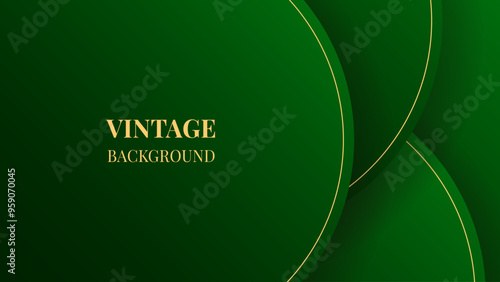 Green abstract background with half round frames and gold lines, modern geometric pattern	