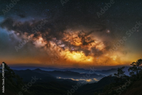 Milky Way above silhouetted mountains and town lights.