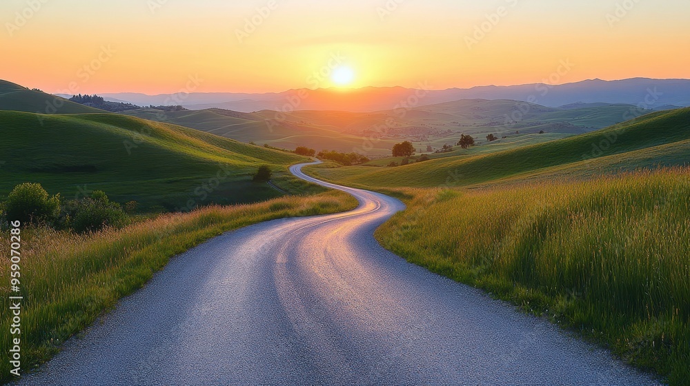 A winding road through lush green hills at sunset, offering a serene and picturesque landscape for travel enthusiasts. A winding road through lush green hills at sunset, offering a serene and picturesque landscape for travel enthusiasts.