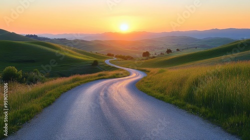 Wallpaper Mural A winding road through lush green hills at sunset, offering a serene and picturesque landscape for travel enthusiasts. Torontodigital.ca