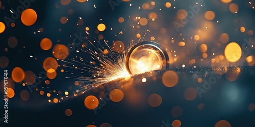 Metalworking, sparks flying from grinding wheel, industrial machinery, steel disc blade cutting metal, warm tones of orange and yellow sparks, dark background with blurred bokeh lights photo