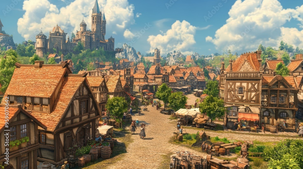 A medieval village with a castle in the background. A medieval village with a castle in the background.