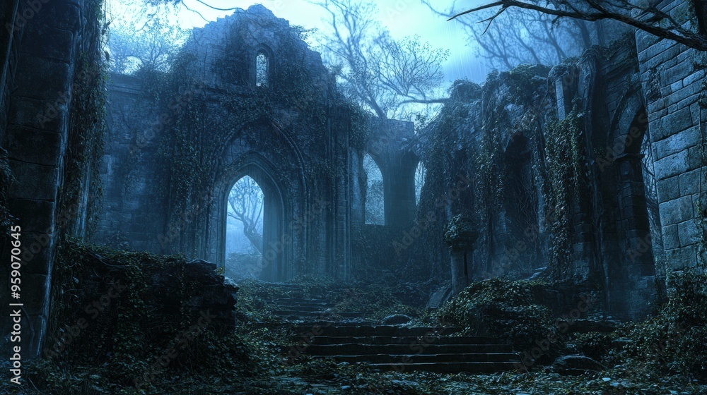 Overgrown stone ruins with a misty archway. Overgrown stone ruins with a misty archway.