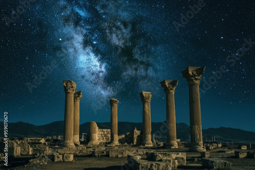 Ancient ruins under a star-filled sky. photo