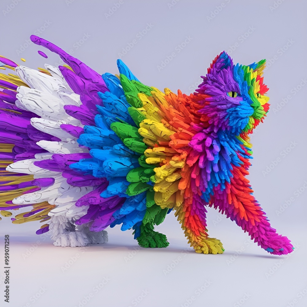 Obraz premium A 3D render of a vibrant explosion of colors in the shape of a cat's body. The explosion is centered on a pure white background.