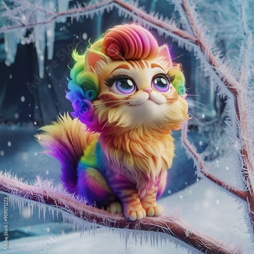 A cinematic photo of a 3D render of a vintage big eyes style illustration of a very cute Rainbow orange fluffy cat.