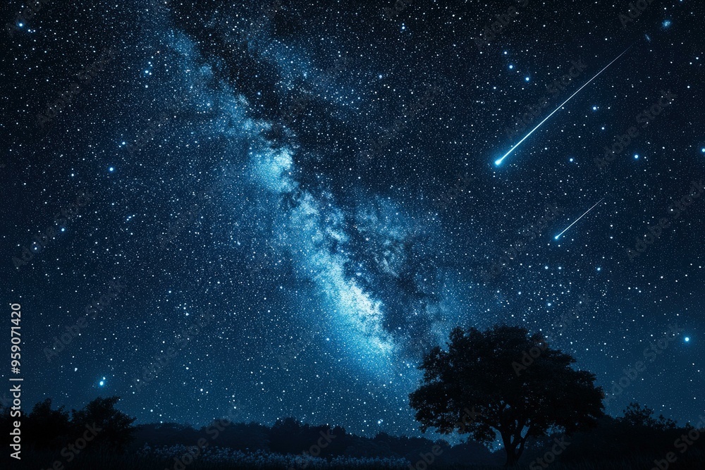 Fototapeta premium Starry night sky with shooting stars and trees.