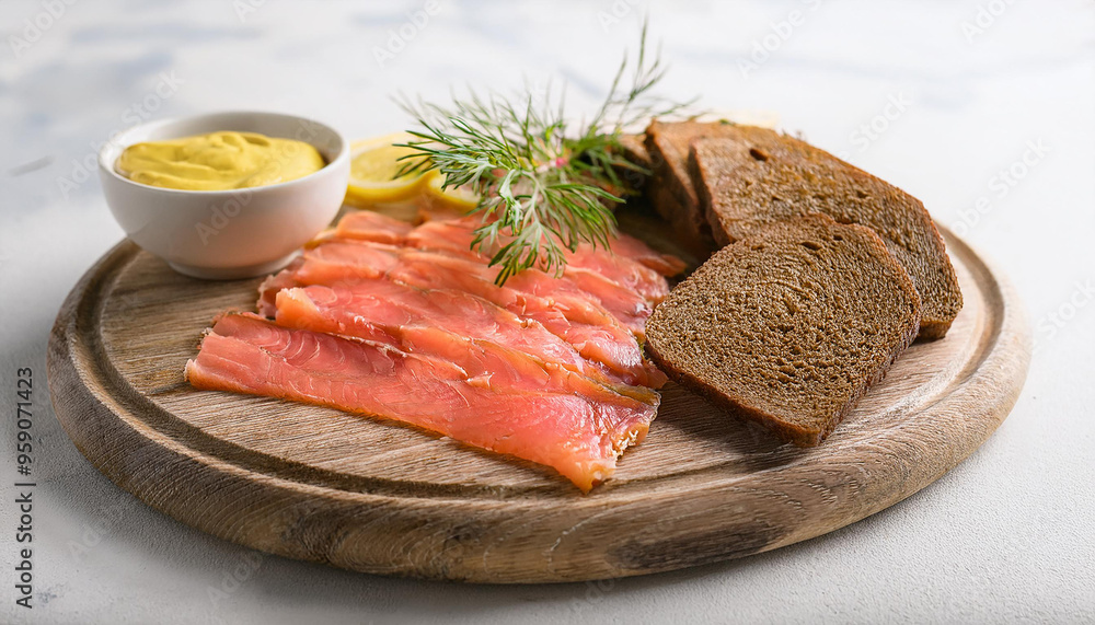 Swedish gravlax, sliced cured salmon with dill on wooden board, mustard sauce, rye bread. Tasty food Swedish gravlax, sliced cured salmon with dill on wooden board, mustard sauce, rye bread. Tasty food