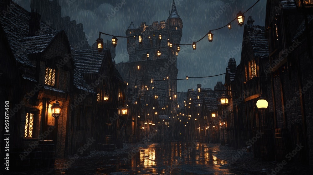 Obraz premium Rainy night in medieval town with lights.