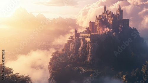 A majestic castle sits atop a misty mountain.