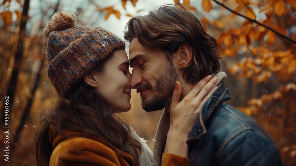 A romantic moment between a man and a woman in a woodland setting A romantic moment between a man and a woman in a woodland setting