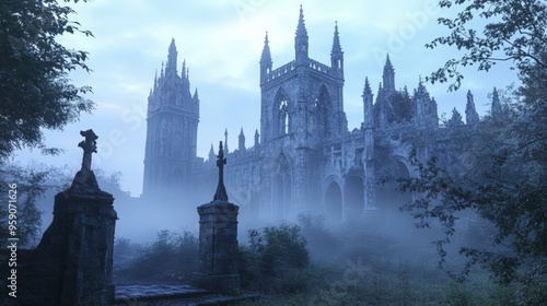 Gothic church ruins shrouded in morning mist.