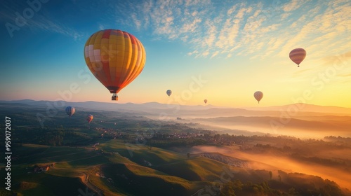 Hot air balloons flying over misty hills at sunrise.