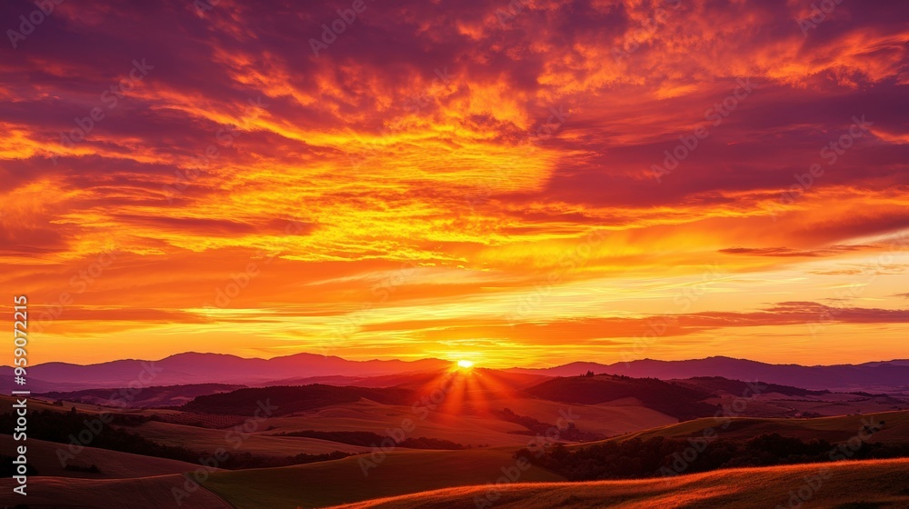 Sun setting behind rolling hills and a fiery sky. Sun setting behind rolling hills and a fiery sky.