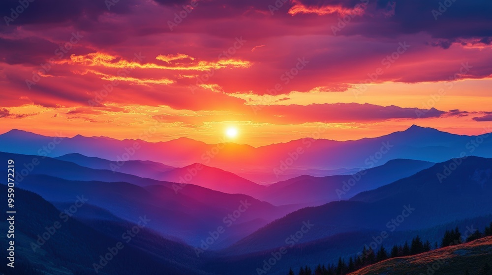 Obraz premium Sun setting over layered mountains.