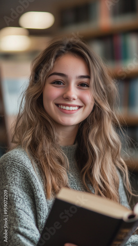 A 22-year-old student smiling in a library, holding a book, with the background softly out of focus