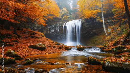 Beautiful medium size waterfall in forest, autumn season, wallpaper quality. Autumn cascade in a natural creek. Outdoor active lifestyle, hiking destination. Hiking tour during autumn. Fall colors. Be
