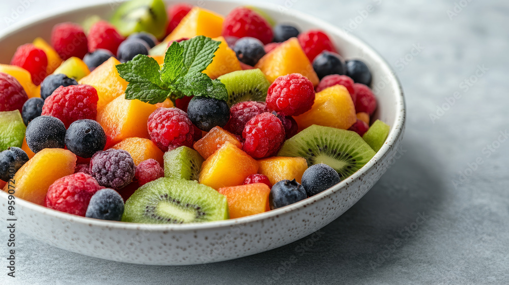 Bowl of mixed fresh fruit including berries, kiwi, and peach. Bowl of mixed fresh fruit including berries, kiwi, and peach.