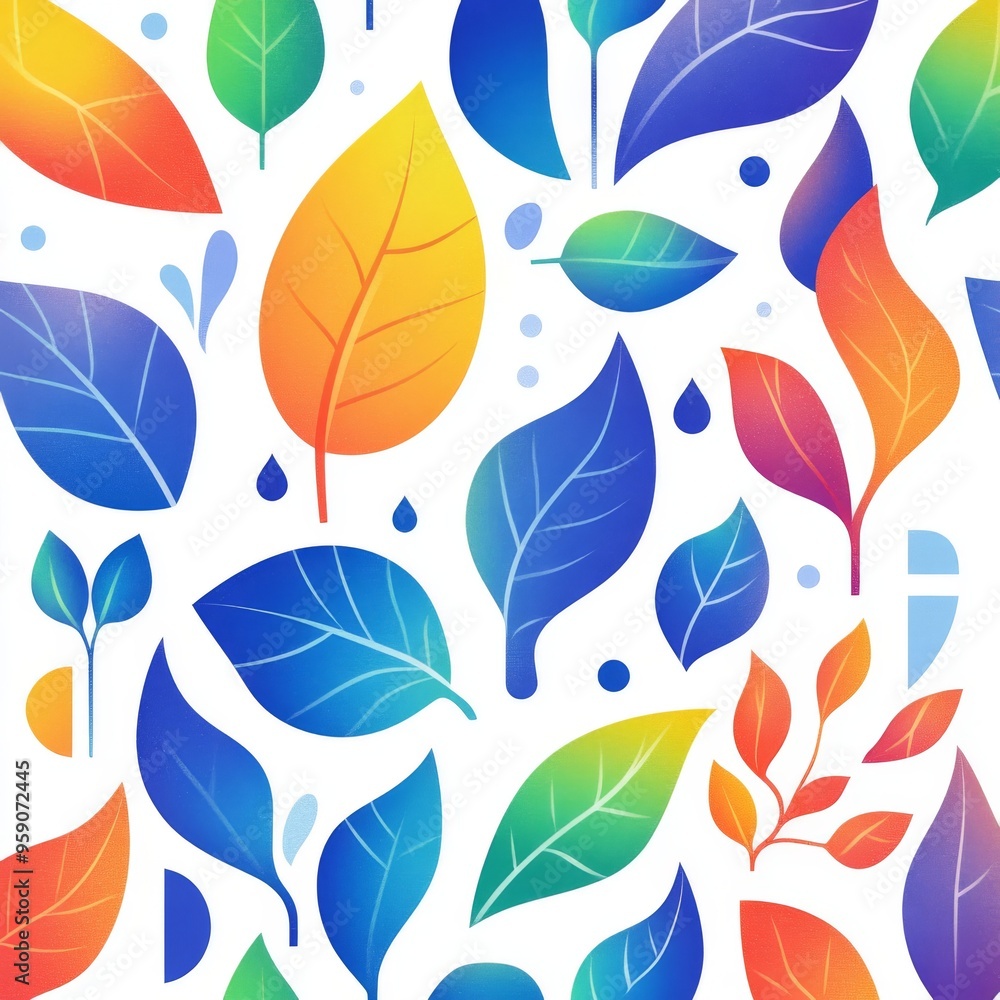 Obraz premium Colorful leaves and raindrops in a seamless pattern, perfect for background, fabric, or wallpaper.