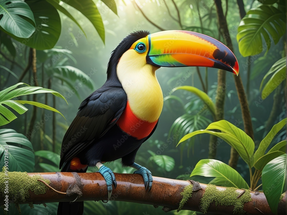 Colorful toucan perched on a branch in a lush rainforest setting. Colorful toucan perched on a branch in a lush rainforest setting.